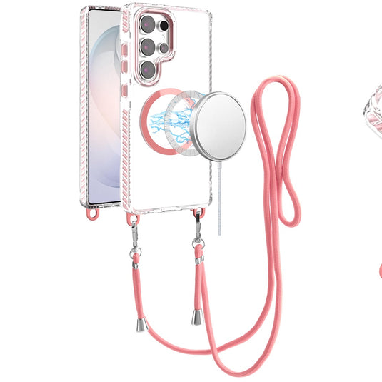 For Samsung s26 Ultra Transparent HQ Clear Line Design Edged Hybrid [Magnetic Circle] with Matching Lanyard - Light Pink