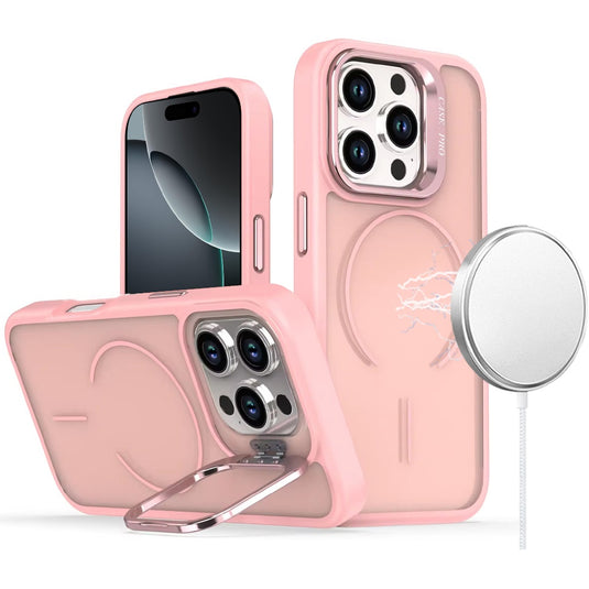 For iPhone 16 Pro Max 6.9 Magnetic Matte Camera Metallic Stand Hybrid Case - Pink
