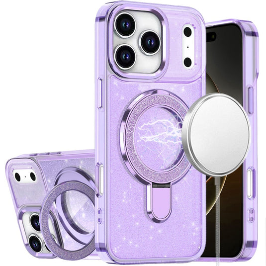 For iPhone 17 Pro Transparent Glitter Rotaional Magnetic Ring Stand HQ Hybrid - Light Purple