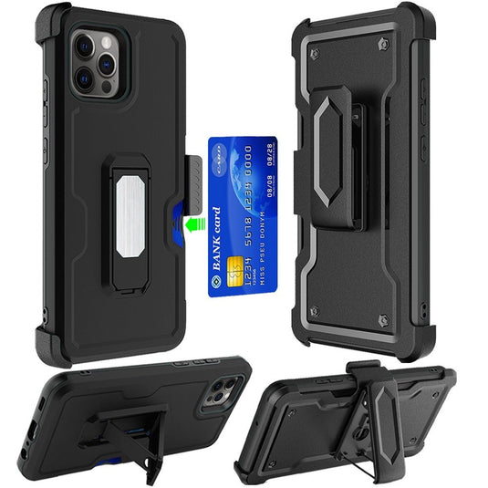 For iPhone 13 Pro Max CARD Holster with Kickstand Clip Hybrid Case Cover - Black