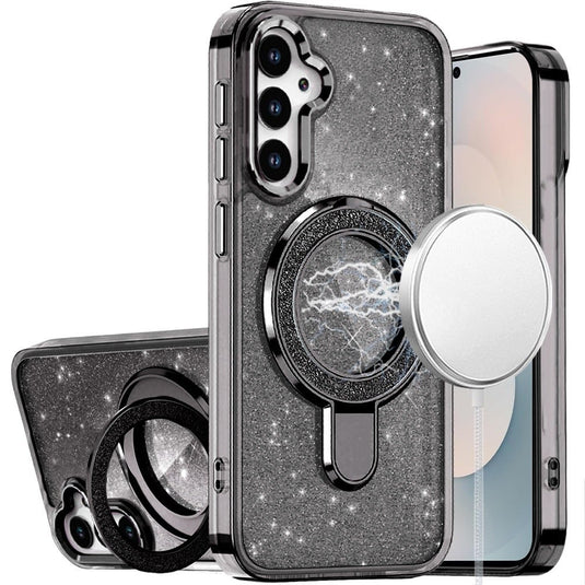 For Samsung s26 Transparent Glitter Rotaional Magnetic Ring Stand HQ Hybrid - Black