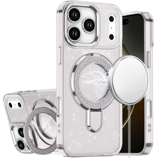 For iPhone 17 Pro Max Transparent Glitter Rotaional Magnetic Ring Stand HQ Hybrid - Clear