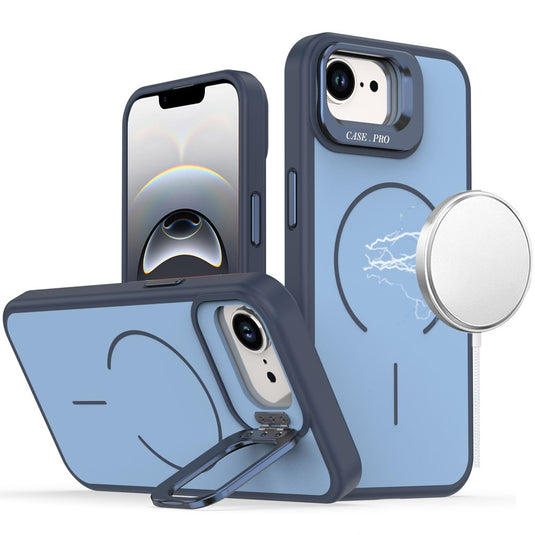 For iPhone 17E / 16E / SE4 Magnetic Matte Camera Metallic Stand Hybrid Case - Blue