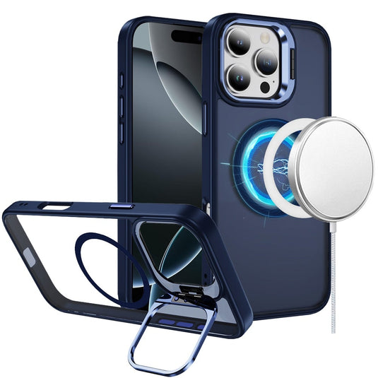 For iPhone 16 Pro Max 6.9 inch Fearless Tough HQ Metallic Hybrid with Camera Ring Stand [Magnetic Circle] Case - Navy Blue
