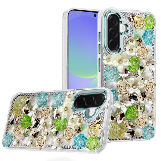 For Samsung Galaxy A37 Muti-Color Rose Bling Stones Ornaments Case - Green