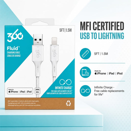 360 Fluid USB A to MFi Lightning Braided Charging Cable 5ft Granite - WHITE (E1 360-2)