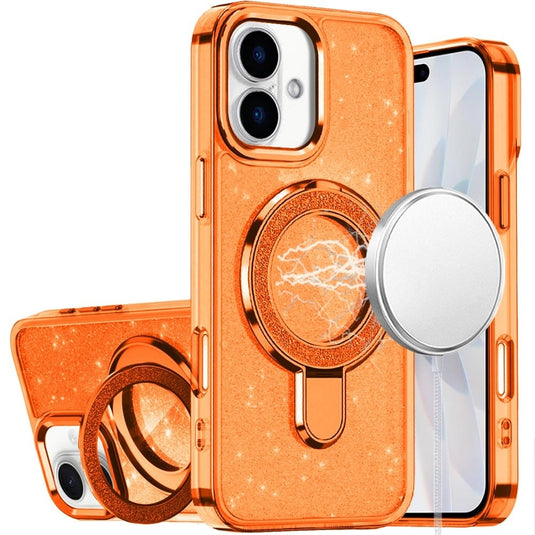 For iPhone 17 Transparent Glitter Rotaional Magnetic Ring Stand HQ Hybrid - Cosmic Orange