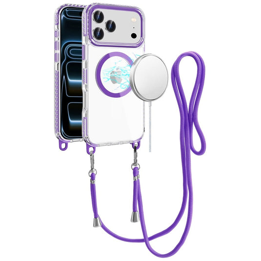 For iPhone 17 Pro Max Transparent HQ Clear Line Design Edged Hybrid [Magnetic Circle] with Matching Lanyard - Dark Purple