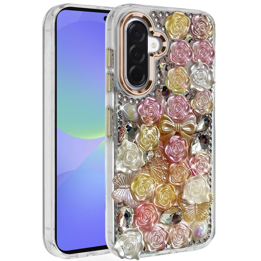 For Samsung Galaxy A37 Muti-Color Floral Bling Stones Ornaments Case - Orange