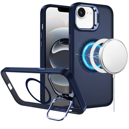 For iPhone 17E / 16E / SE4 Fearless Tough HQ Metallic Hybrid with Camera Ring Stand [Magnetic Circle] Case - Navy Blue