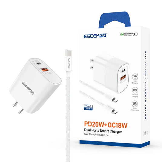 ESEEKGO [COMBO DUAL PORT - WALL CHARGER - TYPE-C CABLE] (20W PD-TypeC - USB-A WHITE 4FT) - FAST CHARGING - (LANE B4 ITEM 33)