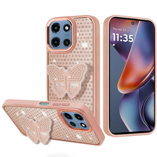 For Moto G 5G 2025/2026 - G Play 2026 - Butterfly Moveable Grip Stand With Small Diamonds Meta Buttons HQ Hybrid - Rose Gold