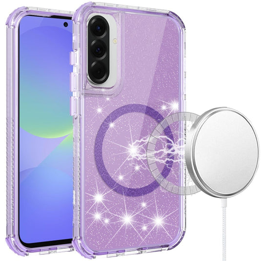 For Samsung Galaxy A37 Magnetic Ring Glitter 3in1 Hybrid Case Cover - Purple