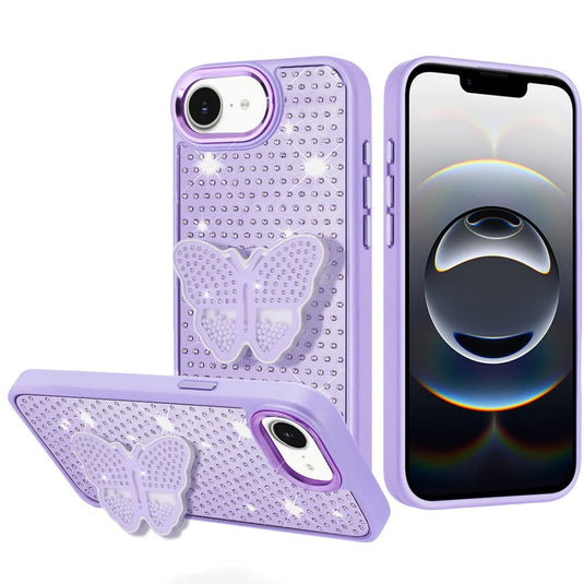 For iPhone 17E / 16E / SE4 Butterfly Moveable Grip Stand With Small Diamonds Meta Buttons HQ Hybrid - Purple
