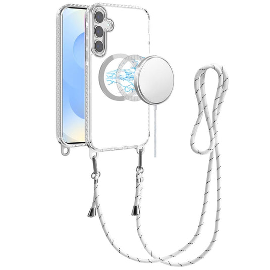 For Samsung s25 Plus/s24 Plus Transparent HQ Clear Line Design Edged Hybrid [Magnetic Circle] with Matching Lanyard - White