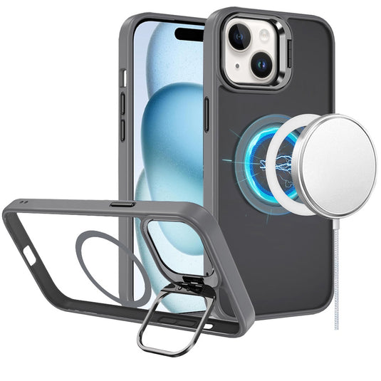 For iPhone 15 Fearless Tough HQ Metallic Hybrid with Camera Ring Stand [Magnetic Circle] Case - Gray