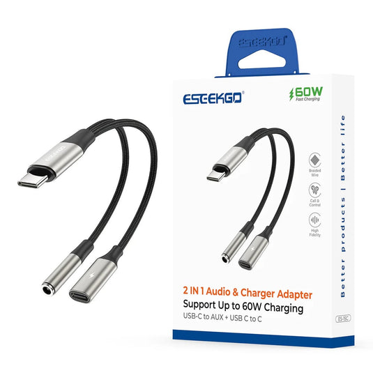 ESEEKGO [ADAPTER] (USB-TypeC to 3.5MM - PD-TypeC 60W GRAY) - CHARGE LISTEN 2-IN-1 - (LANE B3 ITEM 41)