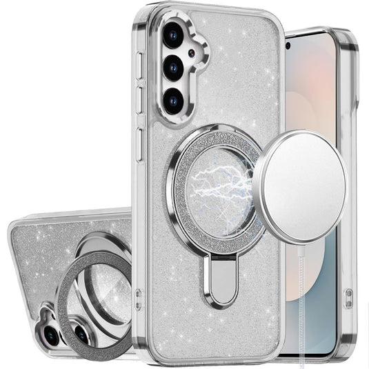 For Samsung s26 Transparent Glitter Rotaional Magnetic Ring Stand HQ Hybrid - Clear