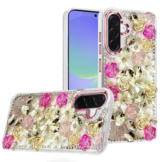For Samsung Galaxy A37 Muti-Color Rose Bling Stones Ornaments Case - Pink