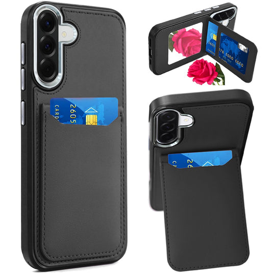 For Samsung Galaxy A37 Card Holder with Mirror Inside PU Leather Hybrid Case - Black
