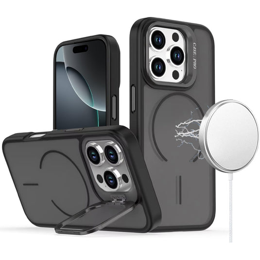 For iPhone 16 Pro Max 6.9 Magnetic Matte Camera Metallic Stand Hybrid Case - Black