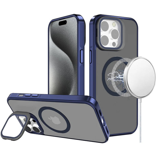 For iPhone 15 Frame Aluminium Camera Stand Metallic Buttons [Magnetic Circle] Tough HQ Hybrid Case - Navy Blue