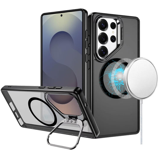 For Samsung s25 Ultra Fearless Tough HQ Metallic Hybrid with Camera Ring Stand [Magnetic Circle] Case - Black
