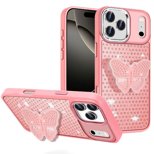 For iPhone 17 Pro Butterfly Moveable Grip Stand With Small Diamonds Meta Buttons HQ Hybrid - Pink