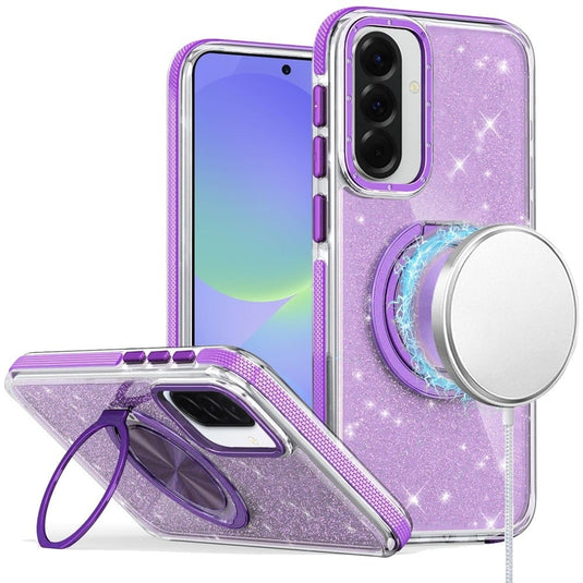 For Samsung Galaxy A37 Glitz HQ Shimmer Glitter [Magnetic Ring Circle] with 360 degree Rotational Ring Kickstand Tough Hybrid Case - Purple
