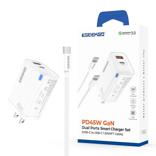 ESEEKGO [COMBO WALL CHARGER - TYPE-C CABLE] (45W PD-TypeC - USB-A QC3.0 GAN WHITE) - FAST CHARGING - (LANE B10 ITEM 39)
