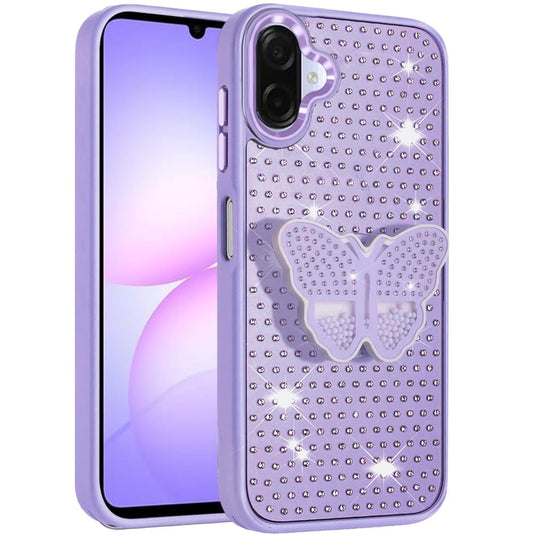 For Samsung Galaxy A07 Butterfly Moveable Grip Stand With Small Diamonds Meta Buttons HQ Hybrid - Purple