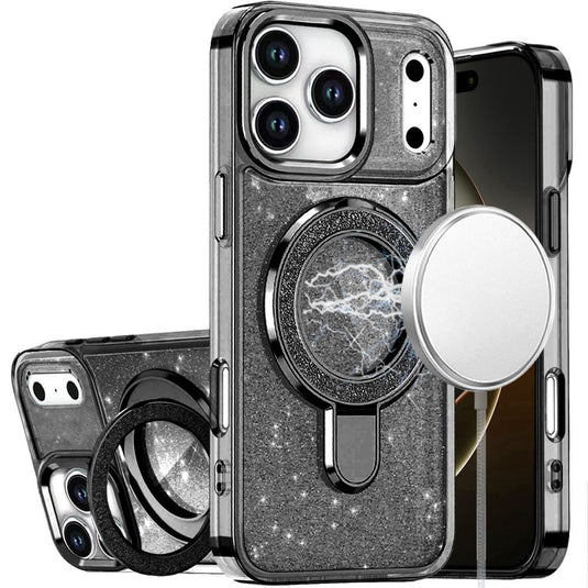 For iPhone 17 Pro Transparent Glitter Rotaional Magnetic Ring Stand HQ Hybrid - Black