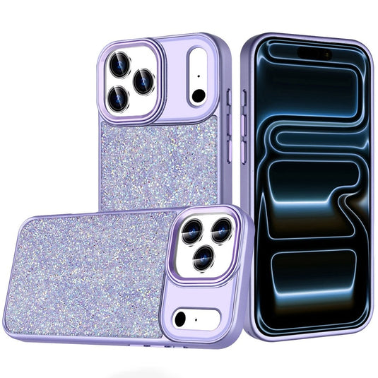For iPhone 17 Pro Crystal Glass Diamond with Metallic Buttons and Edges Hybrid Case - Dark Purple
