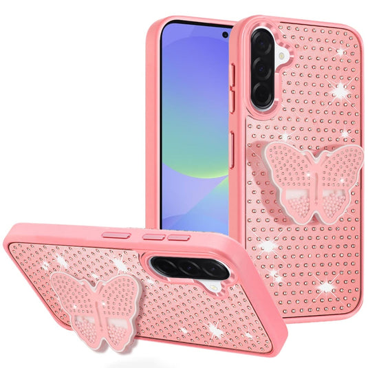 For Samsung Galaxy A37 Butterfly Moveable Grip Stand With Small Diamonds Meta Buttons HQ Hybrid - Pink