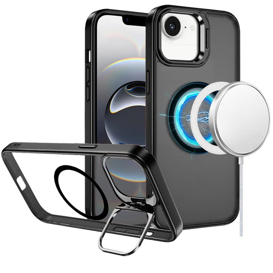 For iPhone 17E / 16E / SE4 Fearless Tough HQ Metallic Hybrid with Camera Ring Stand [Magnetic Circle] Case - Black