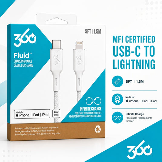 360 Fluid USB-C to MFi Lightning Braided Charging Cable 5ft Granite - WHITE (E1 360-4)
