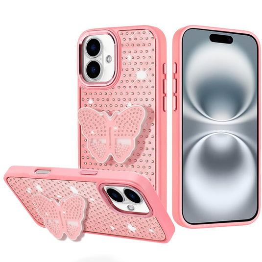 For iPhone 16 6.1 inch Butterfly Moveable Grip Stand With Small Diamonds Meta Buttons HQ Hybrid - Pink