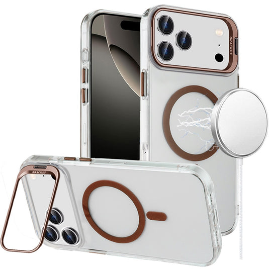For iPhone 17 Pro Transparent HQ Hybrid with Metallic Camera Stand Magnetic Ring Case - Desert Gold