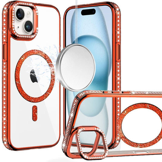 For iPhone 15 Luxury Diamond Edged Magnetic Glitter Circle Hybrid with Camera Stand - Orange