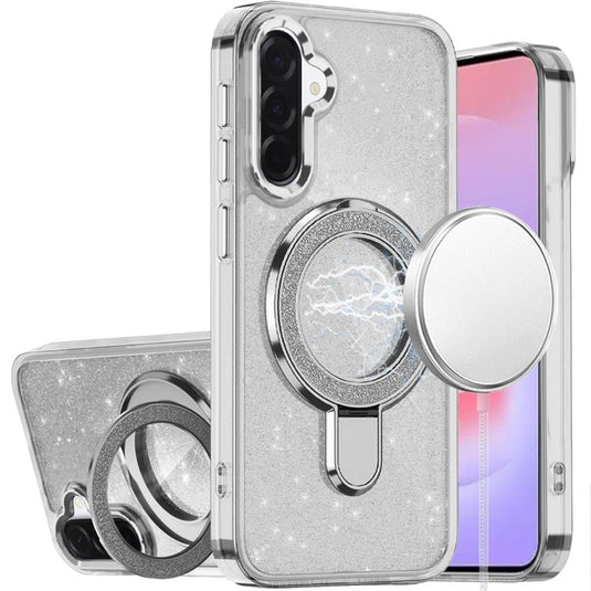 For Samsung Galaxy A37 Transparent Glitter Rotaional Magnetic Ring Stand HQ Hybrid - Clear