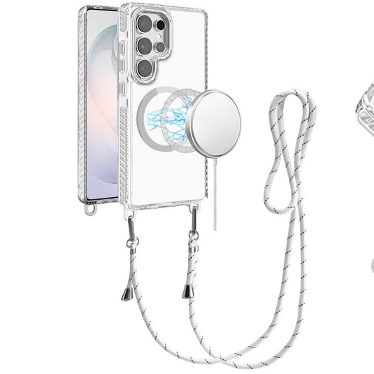 For Samsung s26 Ultra Transparent HQ Clear Line Design Edged Hybrid [Magnetic Circle] with Matching Lanyard - White
