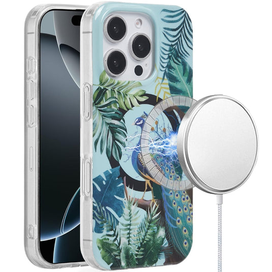 For iPhone 16 6.1 inch [Magnetic Circle] Double Layer Design IMD TPU Case - Peacock