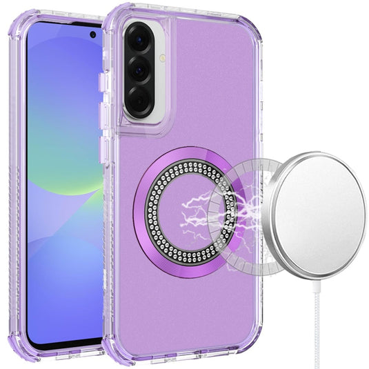 For Samsung Galaxy A37 Magnetic Ring Circle Bling Chrome 3in1 Hybrid Case - Purple