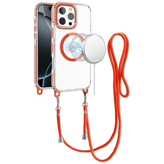 For iPhone 16 Pro Max 6.9 inch Transparent HQ Clear Line Design Edged Hybrid [Magnetic Circle] with Matching Lanyard - Cosmic Orange