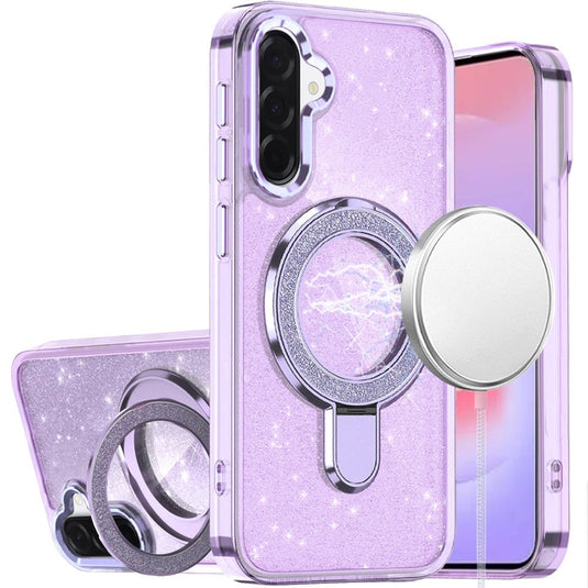 For Samsung Galaxy A37 Transparent Glitter Rotaional Magnetic Ring Stand HQ Hybrid - Light Purple