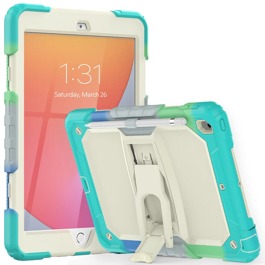 For Apple iPad 9th Gen 10.2 inch (2021) Heavy Duty Full Body Rugged Tablet Kickstand Case Cover - Beige/Camo Mint