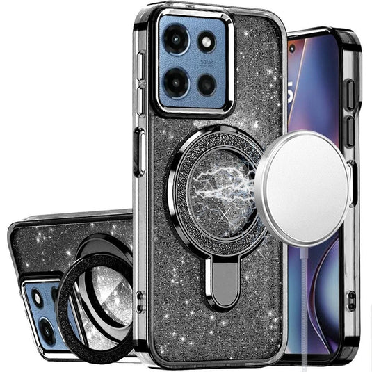 For Motorola Moto G 5G 2025 Transparent Glitter Rotaional Magnetic Ring Stand HQ Hybrid - Black