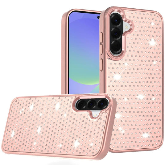 For Samsung Galaxy A37 Beautiful Diamond Metallic Design Metal Chrome Edged Hybrid - Rose Gold