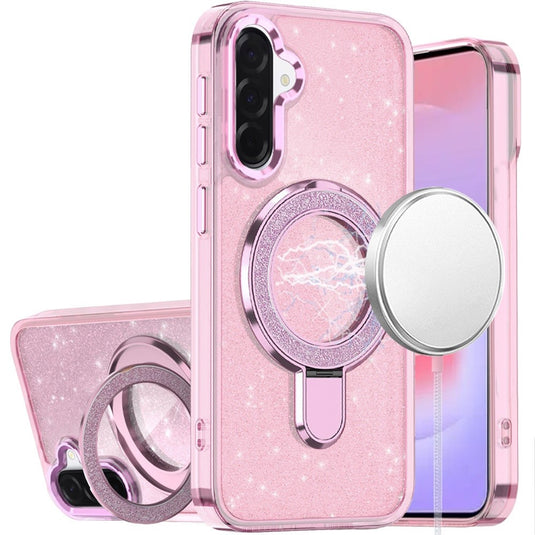 For Samsung Galaxy A37 Transparent Glitter Rotaional Magnetic Ring Stand HQ Hybrid - Light Pink