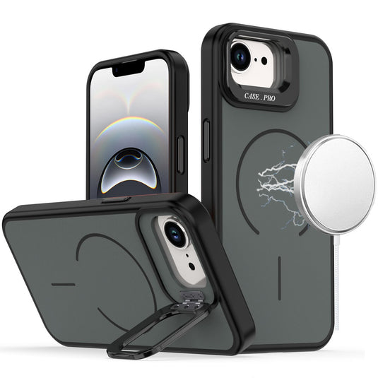 For iPhone 17E / 16E / SE4 Magnetic Matte Camera Metallic Stand Hybrid Case - Black